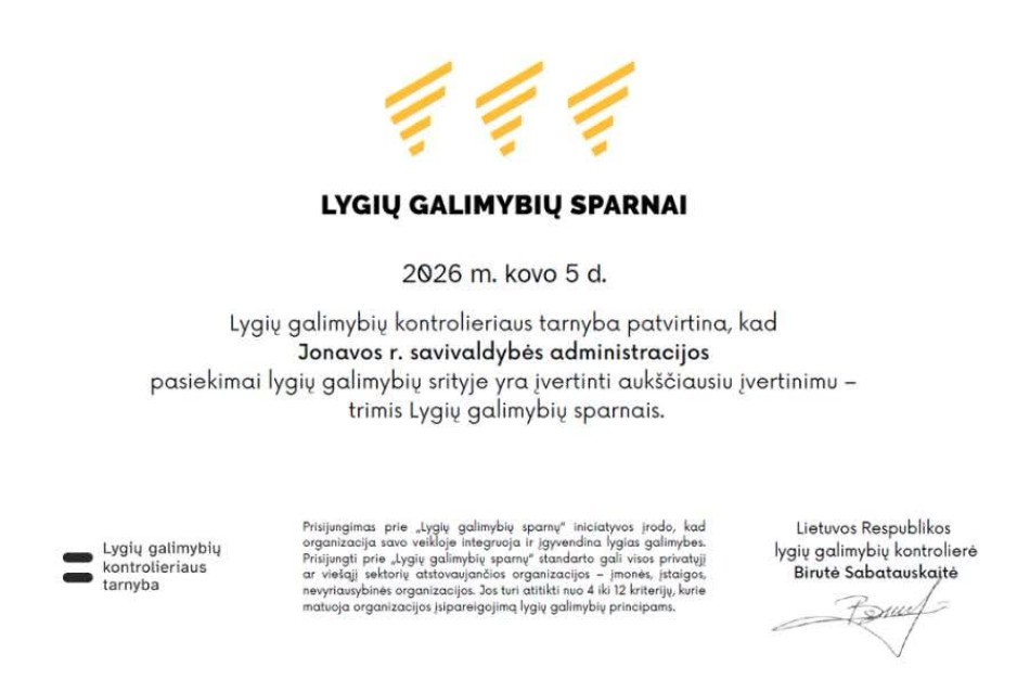 Jonavos rajono savivaldybės administracijai – aukščiausias Lygybės sparnų įvertinimas