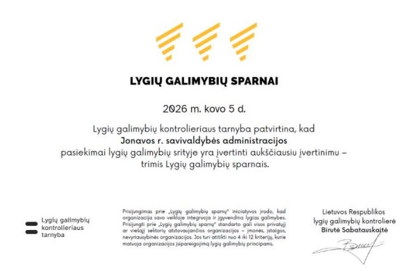 Jonavos rajono savivaldybės administracijai – aukščiausias Lygybės sparnų įvertinimas