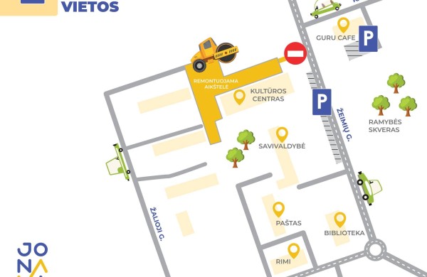 Bus uždaroma automobilių stovėjimo aikštelė šalia Jonavos kultūros centro 