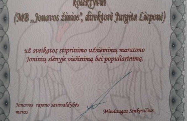 Mero M. Sinkevičiaus ir VSB padėkos partneriams už pagalbą organizuojant Sveikatos stiprinimo užsiėmimų maratoną Joninių slėnyje