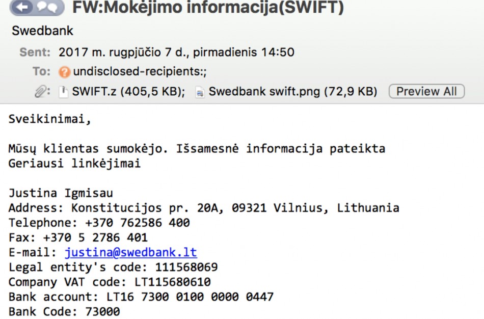 Bankas perspėja: sukčiai siuntinėja fiktyvius el. laiškus 