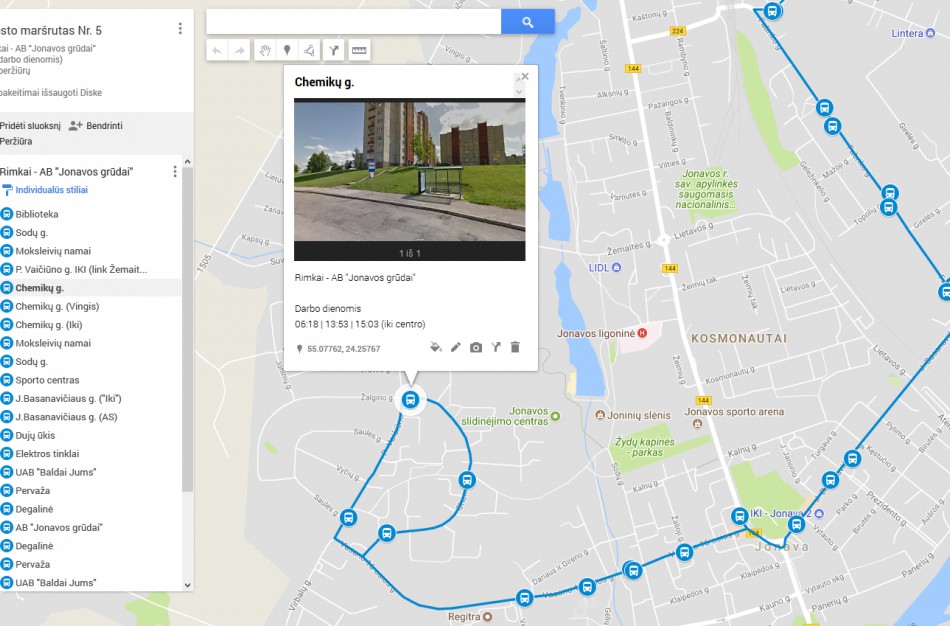 Interaktyvus Jonavos miesto autobusų maršrutų ir stotelių žemėlapis ir informacija apie autobusų eismą švenčių metu