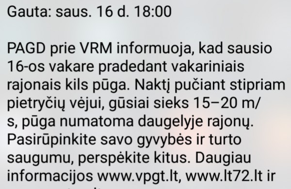 Perspėjimas dėl pūgos - būkite atsargūs 