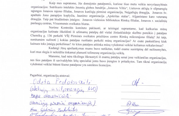 Atviras laiškas dėl patalpų Chemikų g. 136