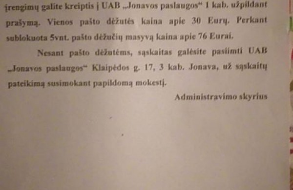 Jonavietė: daugiabučio laiptinėje pakabintas skelbimas primena reketą