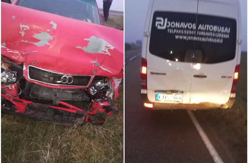 Susidūrė ,,Audi" ir mikroautobusas: vienas vairuotojas - ligoninėje, kitas pabėgo iš įvykio vietos