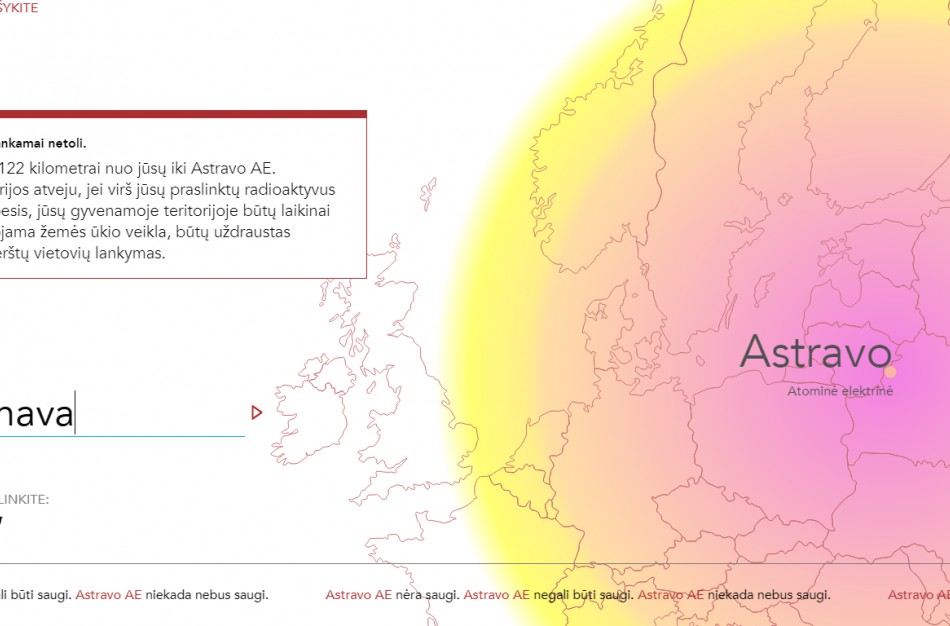Tinklalapis „Stop Astravui“ kviečia pasitikrinti, ar išties gyvenate saugiu atstumu nuo branduolinės katastrofos