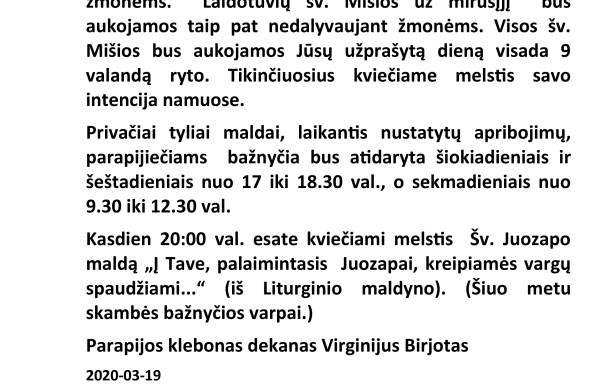 Informacija tikintiesiems dėl sielovados karantino sąlygomis