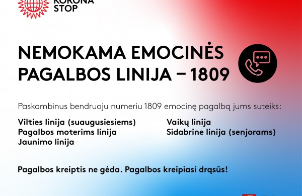 Karantino metu gyventojams įkurta nacionalinė vieninga emocinės paramos telefonu linija 1809