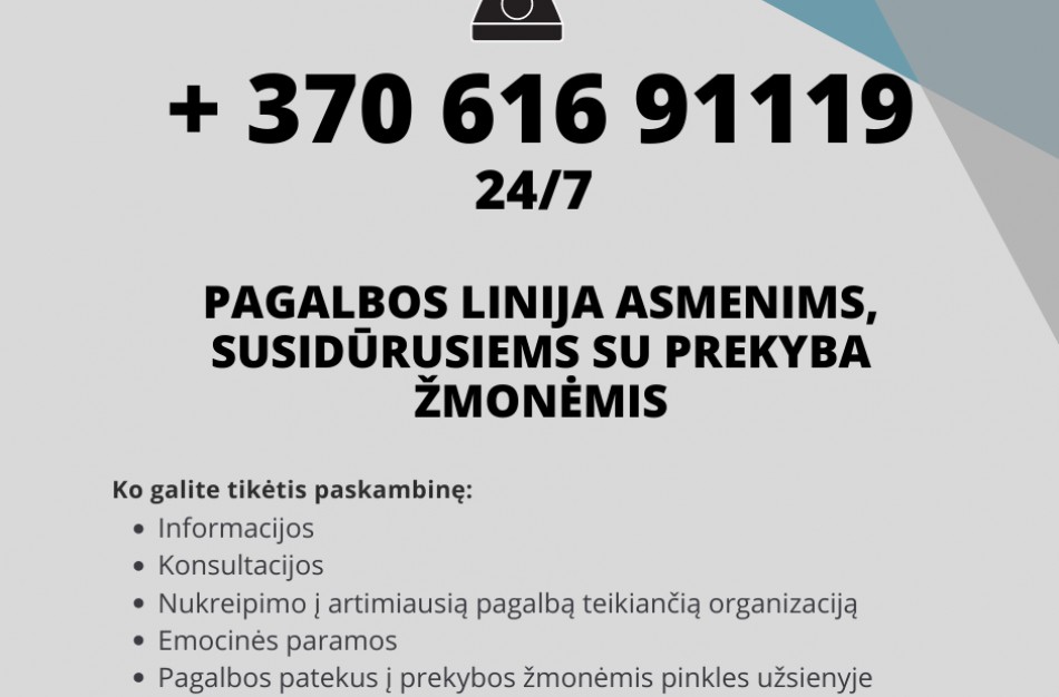 Įsteigta visą parą veikianti pagalbos telefonu linija pranešimams apie prekybą žmonėmis