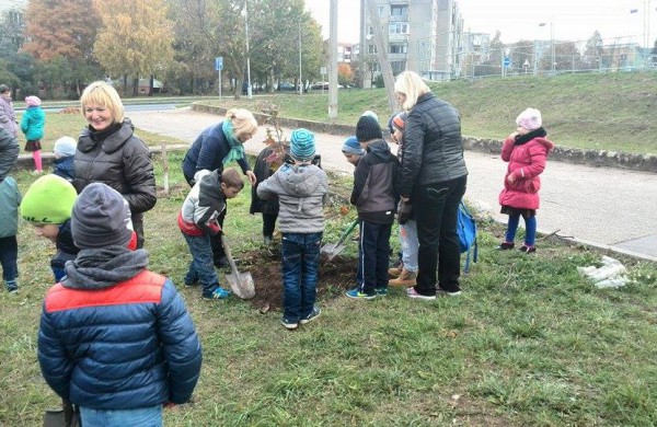 Prie Varnutės tvenkinio vaikai pasodino 20 ąžuoliukų