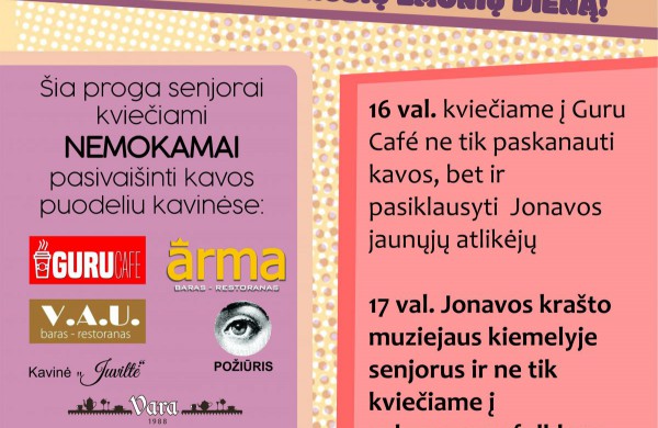 Tarptautinės kavos, muzikos ir pagyvenusių žmonių dienos proga senjorai bus vaišinami kava