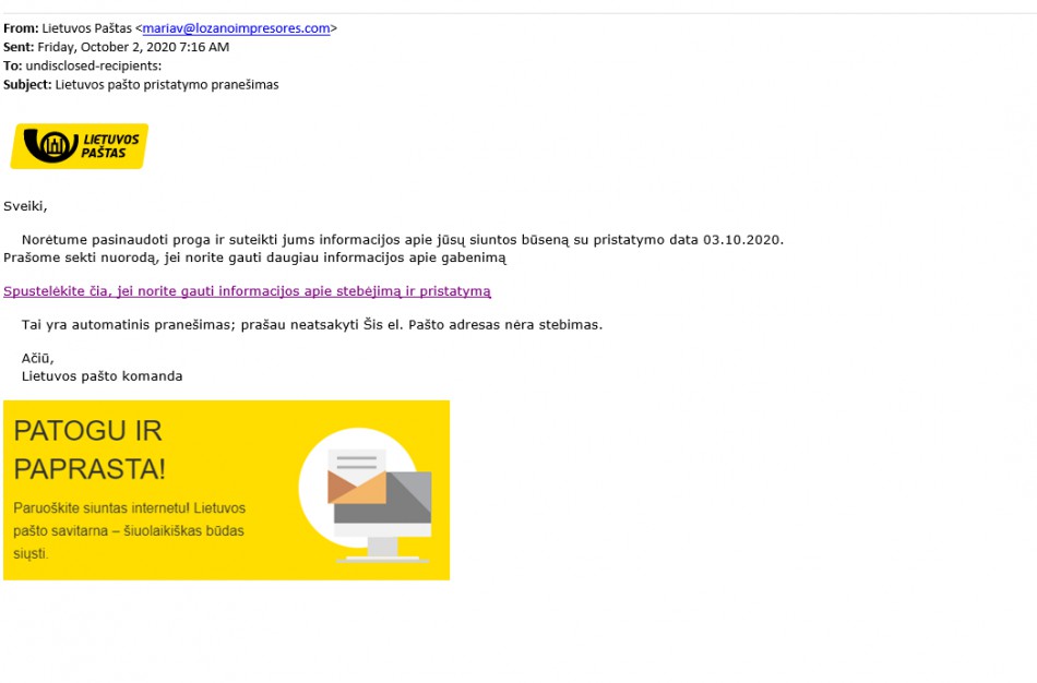 IT specialistai įspėja: prisidengus ,,Lietuvos pašto" vardu, platinamas kompiuterinis virusas
