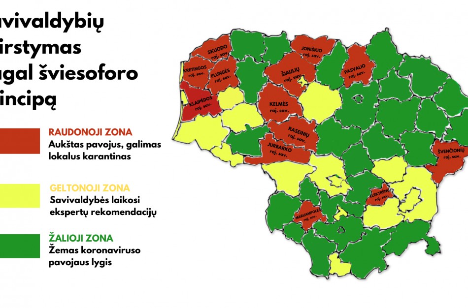 Patvirtinta: nuo šiol savivaldybės pagal sergamumą koronavirusu bus skirstomos į šviesoforo spalvų zonas