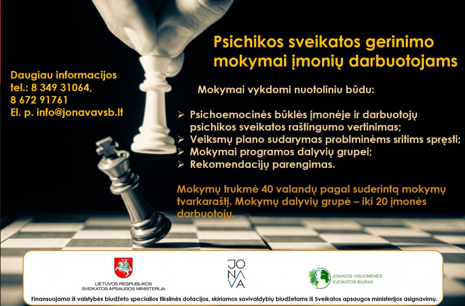 Kviečiame įmonių darbuotojus dalyvauti Psichikos sveikatos gerinimo mokymuose