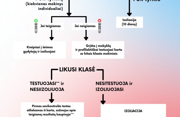 Trumpėja izoliacijos trukmė, specialus izoliacijos algoritmas – ugdymo įstaigoms