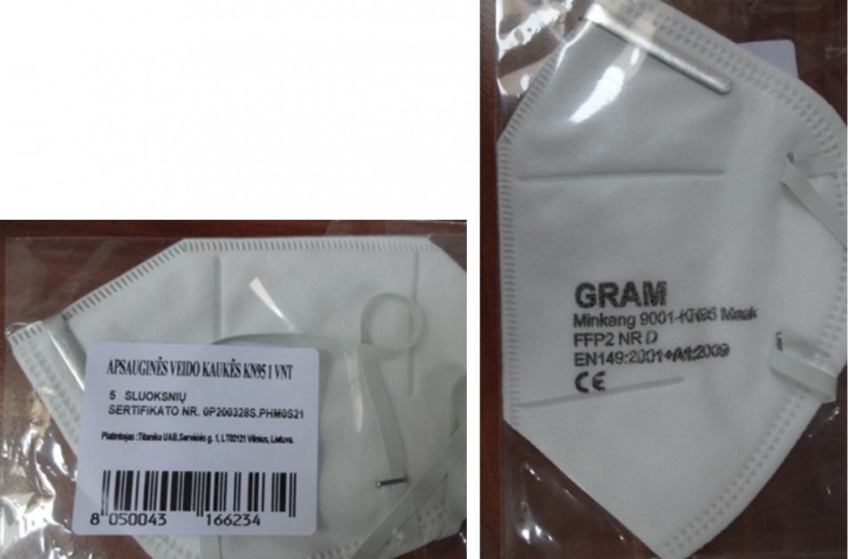 Apsauginėms kaukėms  Gram KN95 nustatyta rimta rizika -  naudotojų susirgimo ir galimų komplikacijų (mirties) pavojus (galima mikrobiologinė infekcija)