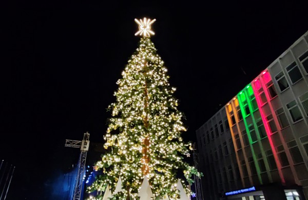 Įžiebta Jonavos miesto puošmena: sužibo Kalėdų eglė ir nutvisko Kalėdinių eglučių miestelis