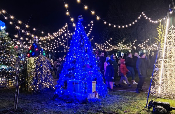 Įžiebta Jonavos miesto puošmena: sužibo Kalėdų eglė ir nutvisko Kalėdinių eglučių miestelis