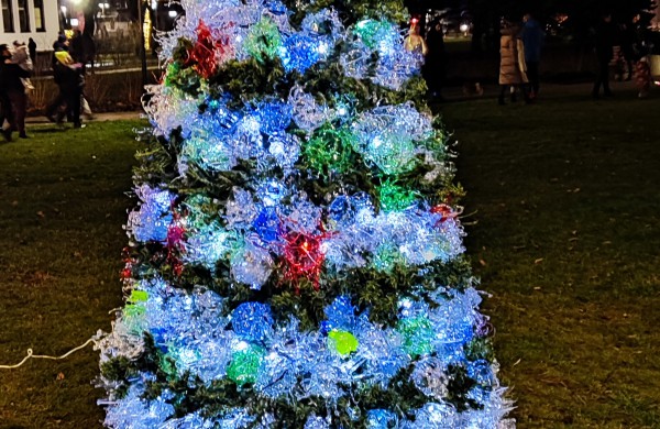 Įžiebta Jonavos miesto puošmena: sužibo Kalėdų eglė ir nutvisko Kalėdinių eglučių miestelis