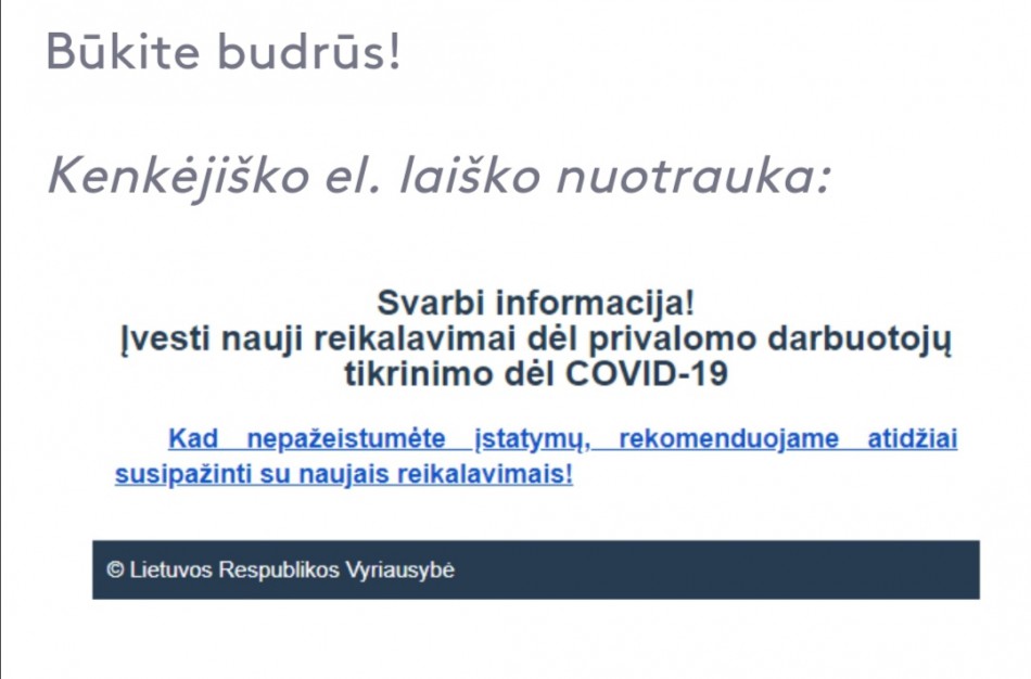 DĖMESIO: el. paštu plinta tariamai NVSC siųstas kenkėjiškas elektroninis laiškas