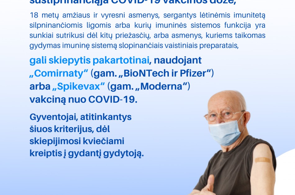 Pradėtas pažeidžiamiausių gyventojų skiepijimas ketvirtąja COVID-19 vakcinos doze