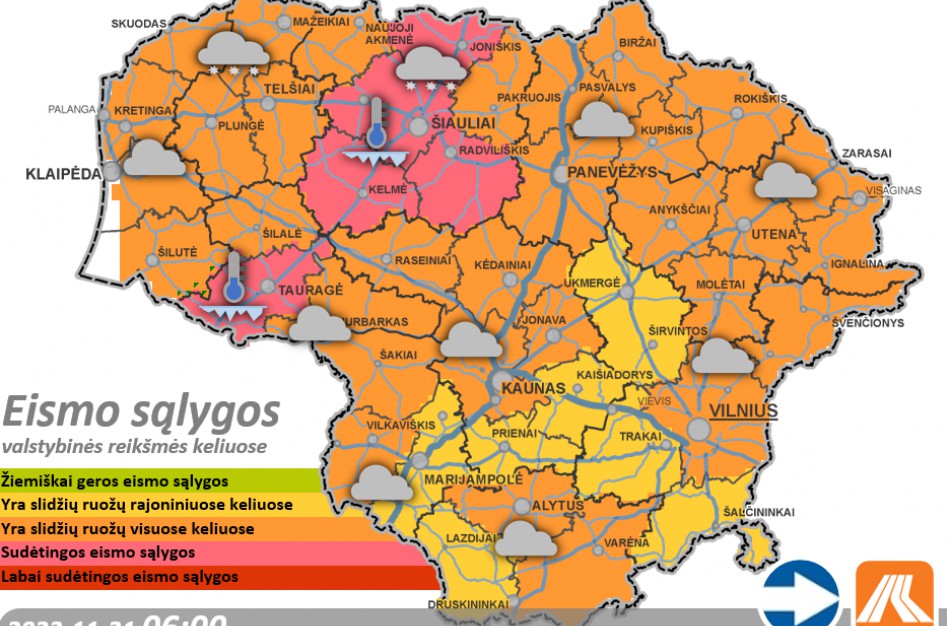 Yra slidžių ruožų visuose keliuose. Būkite budrūs