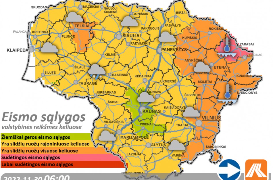 Lapkričio 30-osios kelių būklė ir eismo sąlygos 