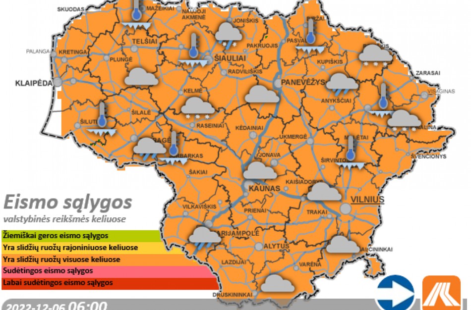 Gruodžio 6-osios kelių būklė ir eismo sąlygos