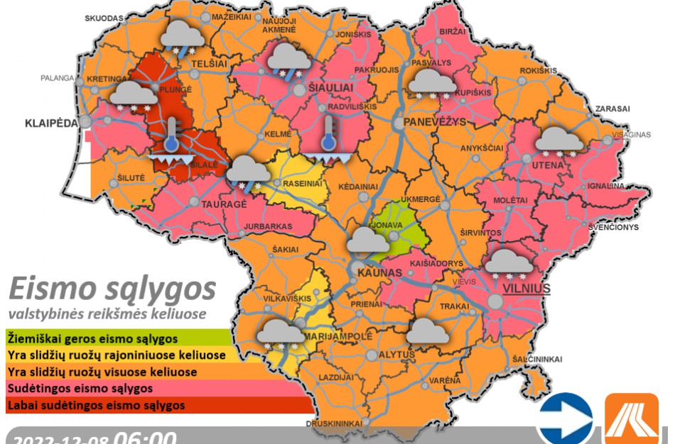 Gruodžio 8-osios kelių būklė ir eismo sąlygos