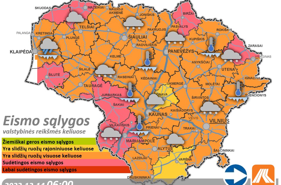 Gruodžio 14-osios kelių būklė ir eismo sąlygos