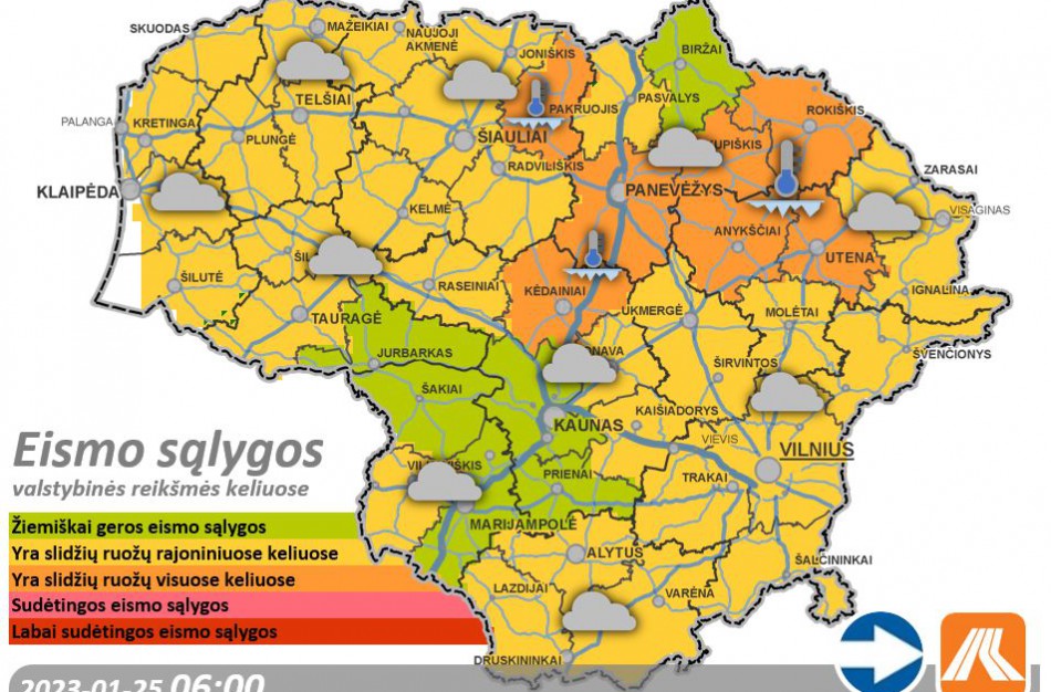 Sausio 25-osios kelių būklė ir eismo sąlygos