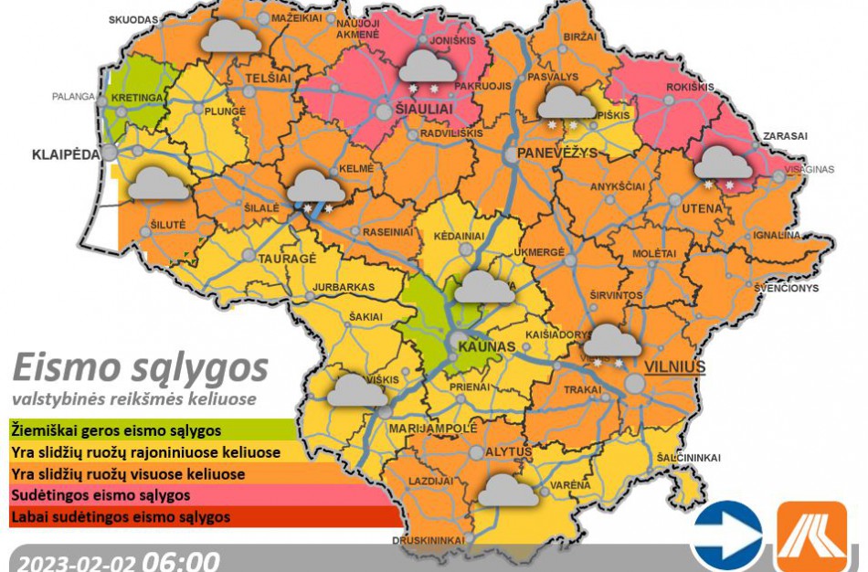 Vasario 2-osios kelių būklė ir eismo sąlygos