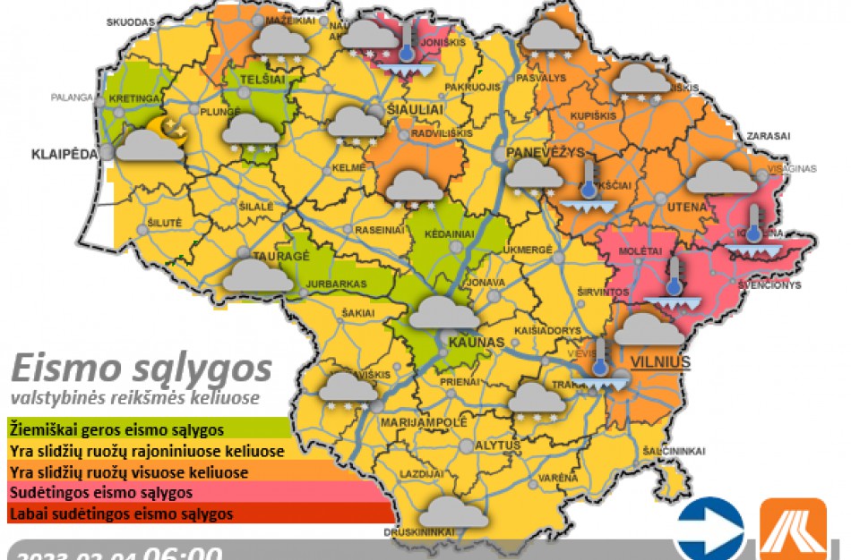 Vasario 4-osios kelių būklė ir eismo sąlygos