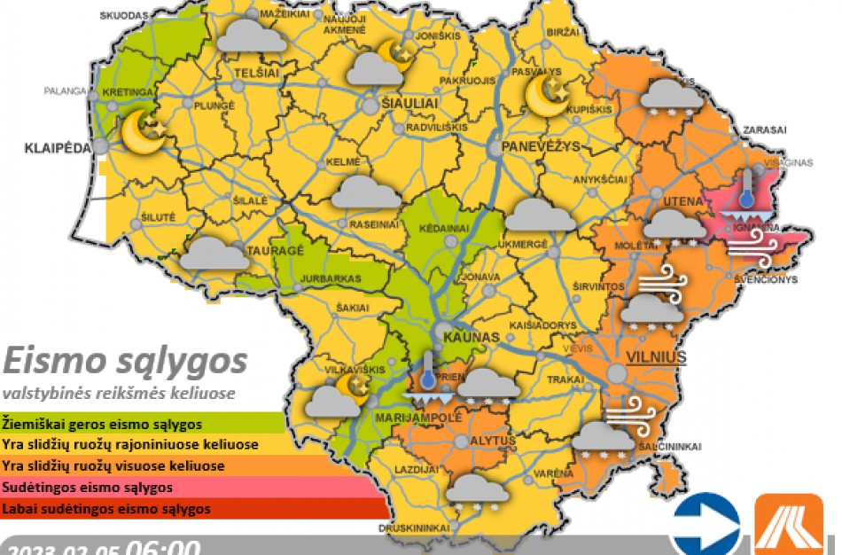 Vasario 5-osios kelių būklė ir eismo sąlygos