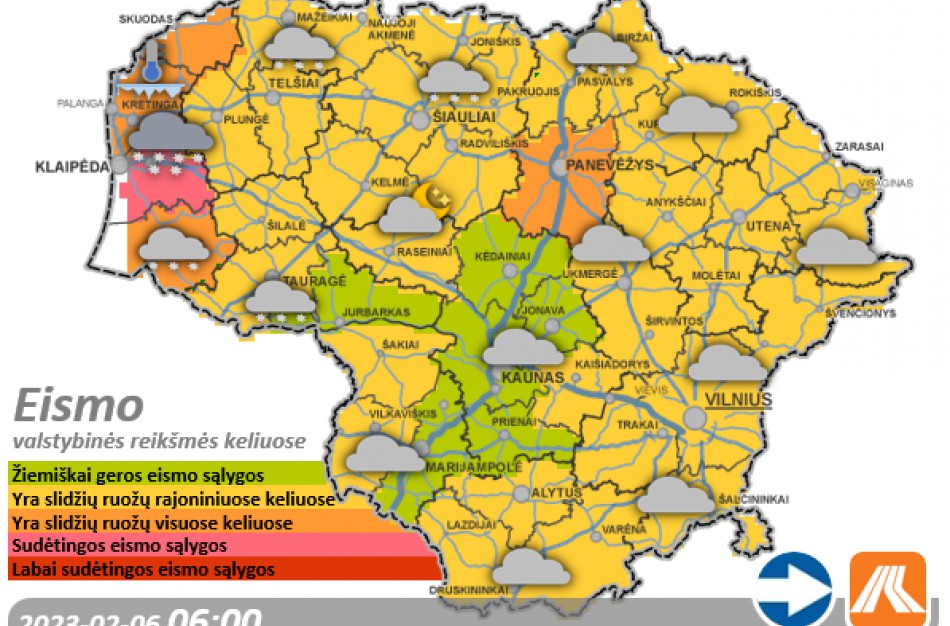 Vasario 6-osios kelių būklė ir eismo sąlygos