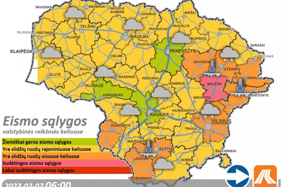 Vasario 7-osios kelių būklė ir eismo sąlygos