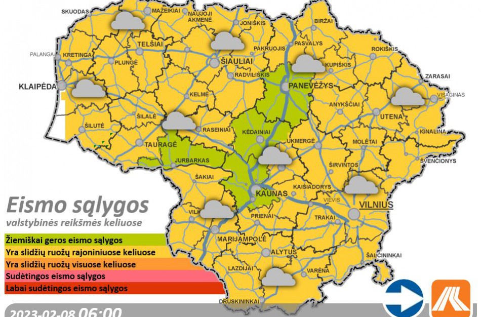 Vasario 8-osios kelių būklė ir eismo sąlygos