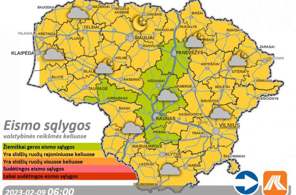 Vasario 9-osios kelių būklė ir eismo sąlygos
