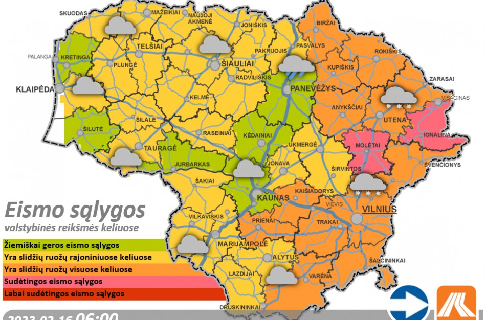 Vasario 16-osios kelių būklė ir eismo sąlygos