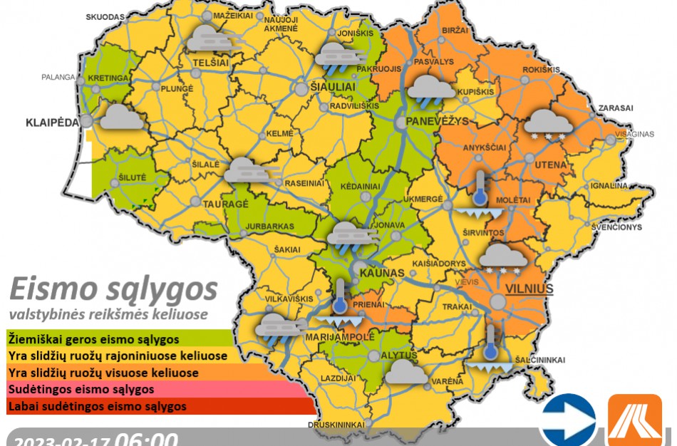 Vasario 17-osios kelių būklė ir eismo sąlygos