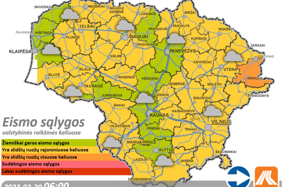 Vasario 20-osios kelių būklė ir eismo sąlygos