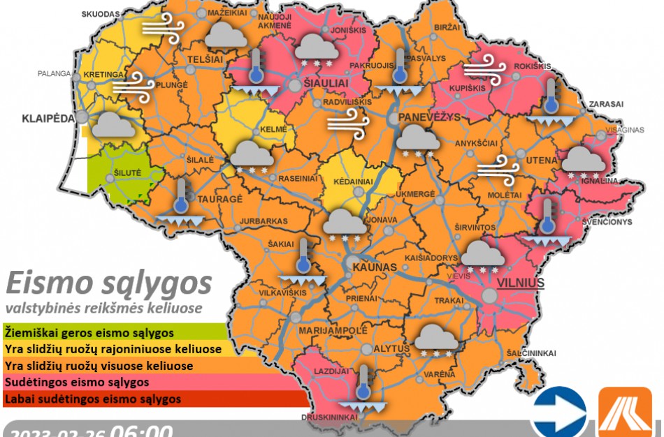 Vasario 26-osios kelių būklė ir eismo sąlygos