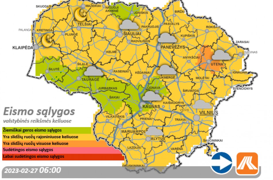 Vasario 27-osios kelių būklė ir eismo sąlygos