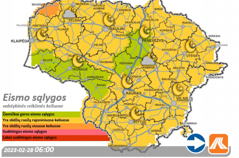 Vasario 28-osios kelių būklė ir eismo sąlygos