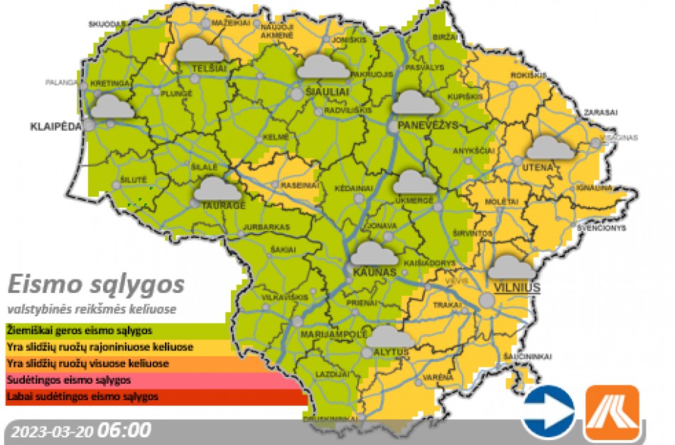 Kovo 20-osios kelių būklė ir eismo sąlygos