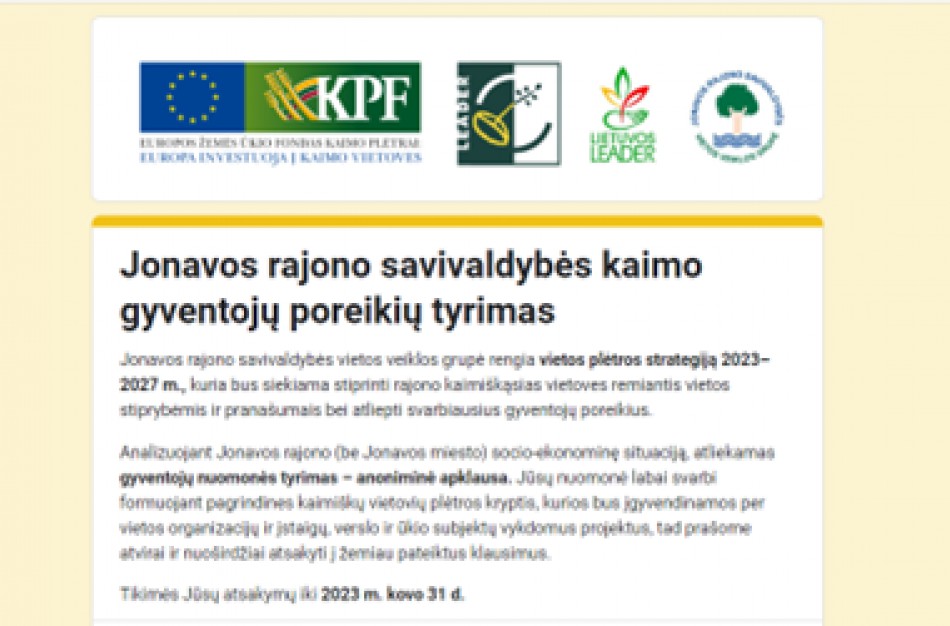 Jonavos r. sav. VVG kviečia organizacijas ir gyventojus dalyvauti anketinėje apklausoje
