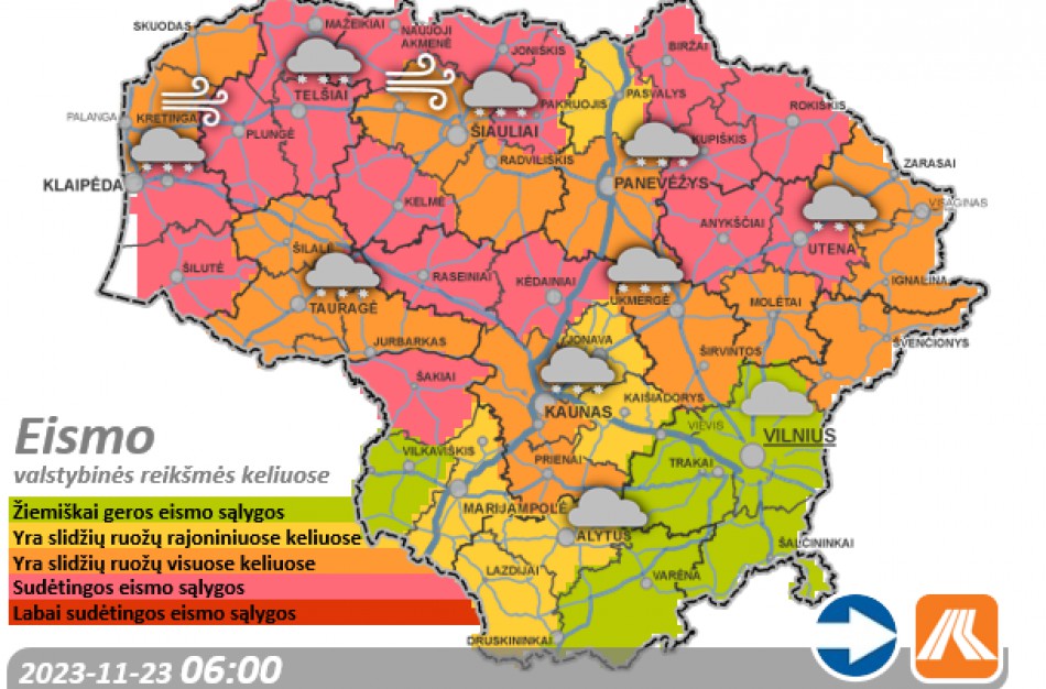 Lapkričio 23 -osios eismo sąlygos ir kelių būklė