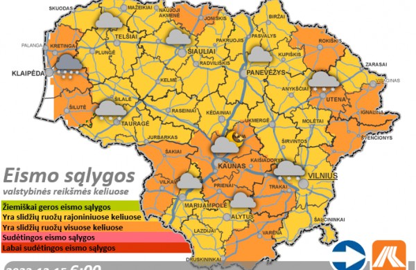 Gruodžio 15-osios eismo sąlygos ir kelių būklė