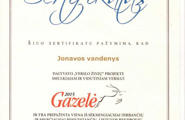 „Gazelė 2015“ apdovanojimas įteiktas bendrovei „Jonavos vandenys“ – vienai iš sėkmingiausiai dirbančių įmonių Lietuvoje